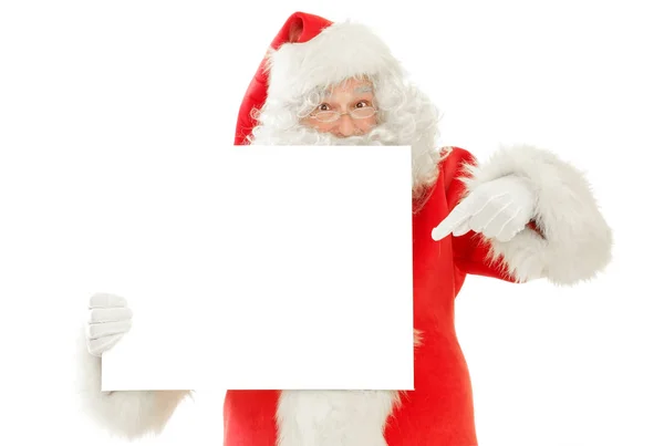 Serie von Weihnachtsmännern isoliert auf weißem Ausschnitt: ein leeres Schild mit Gucktabu, glücklichem Lächeln und erhobenem Zeigefinger — Stockfoto