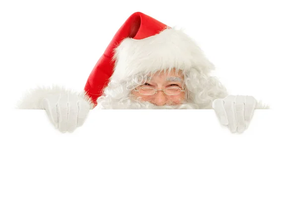 Serie van Santa Claus geïsoleerd op wit uitknippen: Holding een lege lege teken vanzelf kiekeboe, Happy Smile te spelen — Stockfoto