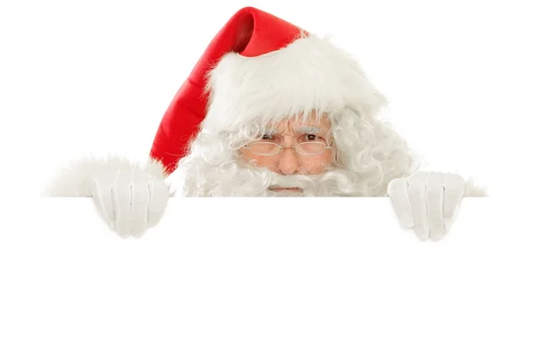 Serie van Santa Claus geïsoleerd op wit uitknippen: Holding een leeg teken vanzelf kiekeboe, boos expressie te spelen — Stockfoto