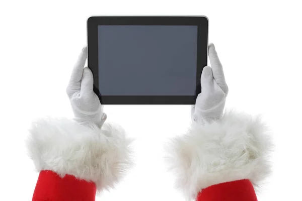 Weihnachtskonzeptaufnahme mit Weihnachtsmann, der ein digitales Tablet in die Kamera hält, isoliert auf weiß — Stockfoto
