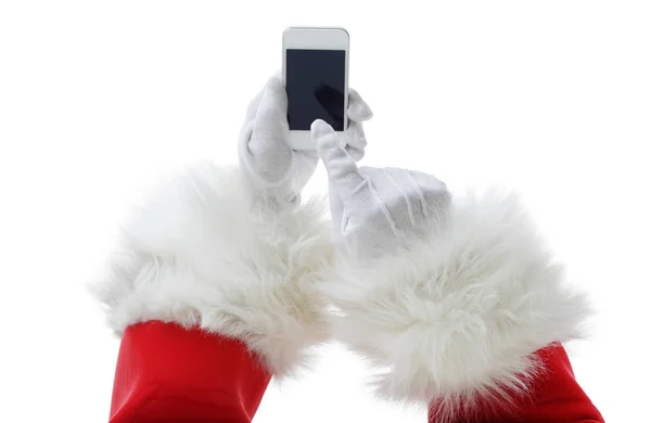 Bir beyaz akıllı telefon Isolated beyaz holding ile Santa Noel kavramı vurdu — Stok fotoğraf
