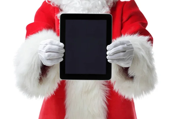 Weihnachtskonzeptaufnahme mit weihnachtsmann in der hand eines digitalen tablets, zeigt es in die kamera isoliert auf weißem konzeptbild mit weihnachtsmann in der hand eines digitalen tablets, show — Stockfoto