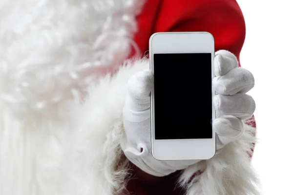 Kerst concept geschoten met Santa houden een witte slimme telefoon geïsoleerd op wit — Stockfoto