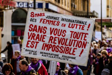 Nice, France - March 8, 2020: a demonstration for women's rights under the slogan 'On arrete toutes' ('We all stop') organised by Collectif droits des femmes 06 (Women's Rights Collective 06)