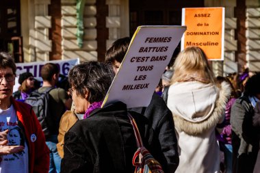 Nice, France - March 8, 2020: a demonstration for women's rights under the slogan 'On arrete toutes' ('We all stop') organised by Collectif droits des femmes 06 (Women's Rights Collective 06)