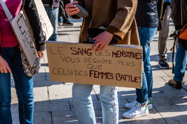 Nice, France - March 8, 2020: a demonstration for women's rights under the slogan 'On arrete toutes' ('We all stop') organised by Collectif droits des femmes 06 (Women's Rights Collective 06)