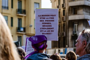 Nice, France - March 8, 2020: a demonstration for women's rights under the slogan 'On arrete toutes' ('We all stop') organised by Collectif droits des femmes 06 (Women's Rights Collective 06)