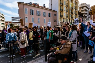 Nice, France - March 8, 2020: a demonstration for women's rights under the slogan 'On arrete toutes' ('We all stop') organised by Collectif droits des femmes 06 (Women's Rights Collective 06)