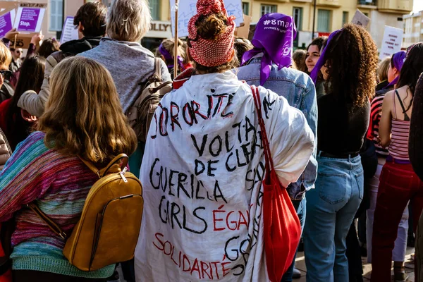 Nice France March 2020 Demonstration Women Rights Slogan Arrete Toutes — Stock fotografie