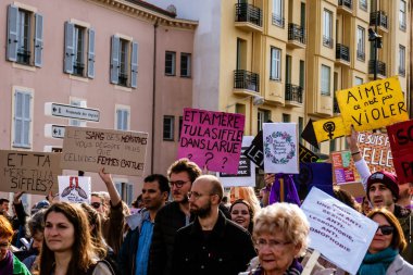 Nice, France - March 8, 2020: a demonstration for women's rights under the slogan 'On arrete toutes' ('We all stop') organised by Collectif droits des femmes 06 (Women's Rights Collective 06)