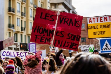 Nice, France - March 8, 2020: a demonstration for women's rights under the slogan 'On arrete toutes' ('We all stop') organised by Collectif droits des femmes 06 (Women's Rights Collective 06)