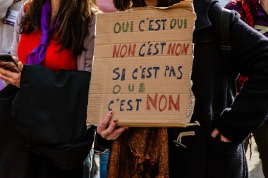 Nice, France - March 8, 2020: a demonstration for women's rights under the slogan 'On arrete toutes' ('We all stop') organised by Collectif droits des femmes 06 (Women's Rights Collective 06)