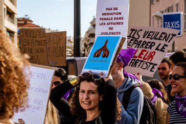 Nice, France - March 8, 2020: a demonstration for women's rights under the slogan 'On arrete toutes' ('We all stop') organised by Collectif droits des femmes 06 (Women's Rights Collective 06)