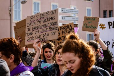 Nice, France - March 8, 2020: a demonstration for women's rights under the slogan 'On arrete toutes' ('We all stop') organised by Collectif droits des femmes 06 (Women's Rights Collective 06)