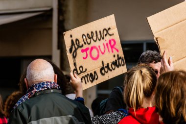 Nice, France - March 8, 2020: a demonstration for women's rights under the slogan 'On arrete toutes' ('We all stop') organised by Collectif droits des femmes 06 (Women's Rights Collective 06)