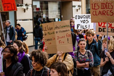 Nice, France - March 8, 2020: a demonstration for women's rights under the slogan 'On arrete toutes' ('We all stop') organised by Collectif droits des femmes 06 (Women's Rights Collective 06)