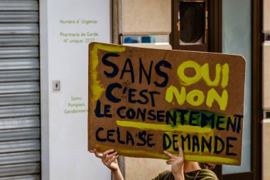 Nice, France - March 8, 2020: a demonstration for women's rights under the slogan 'On arrete toutes' ('We all stop') organised by Collectif droits des femmes 06 (Women's Rights Collective 06)