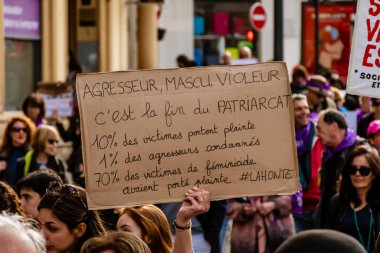 Nice, France - March 8, 2020: a demonstration for women's rights under the slogan 'On arrete toutes' ('We all stop') organised by Collectif droits des femmes 06 (Women's Rights Collective 06)