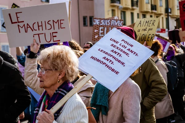 Nice, France - March 8, 2020: a demonstration for women's rights under the slogan 'On arrete toutes' ('We all stop') organised by Collectif droits des femmes 06 (Women's Rights Collective 06)