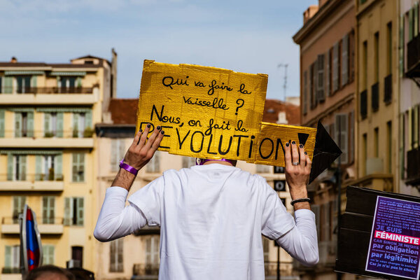 Nice, France - March 8, 2020: a demonstration for women's rights under the slogan 'On arrete toutes' ('We all stop') organised by Collectif droits des femmes 06 (Women's Rights Collective 06)