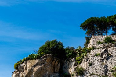 Açık mavi gökyüzünün arka planında tropikal ağaçlar ve bitkilerle kayalık Castle Hill uçurumunun yakın görüntüsü (Güzel, Fransa)
