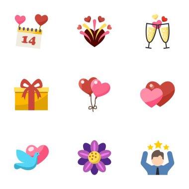Beyaz arkaplanda 9 tatil simgesi izole edildi. Sevgililer Günü, havai fişek, şampanya, hediye, balon, aşk, güvercin, çiçek tasarımı, kutlama ikonları.