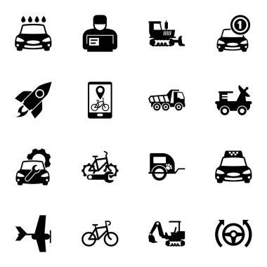 16 vehicle filled icons set isolated on white background. Icons set with Car wash service, Delivery service, bulldozer, rocket, Bike rental app, Tipper, Car repair service icons.