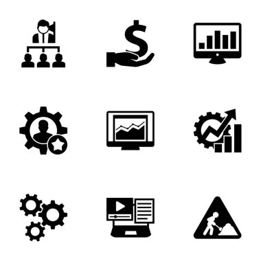 9 progress filled icons set isolated on white background. Icons set with Leadership, investment, SEO monitoring, skill, statistics, Productivity, cogwheel, Systems Integration icons.