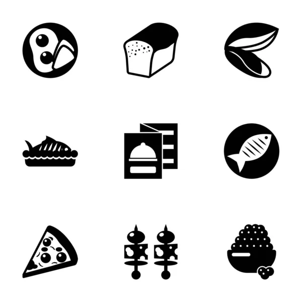 9 jídla vyplněné ikony nastavit izolované na bílém pozadí. Ikony se snídaní, chlebem, mušlí, pečenými rybami, jídelním lístkem restaurace, rybami, pizzou, předkrmy, kaviárem. — Stockový vektor