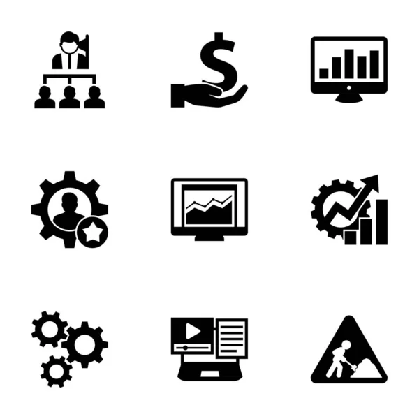 9 haladás kitöltött ikonok meghatározott elszigetelt fehér háttér. Ikonok beállítva Vezetés, befektetés, Seo monitoring, készség, statisztika, termelékenység, fogaskerék, Systems Integration ikonok. — Stock Vector