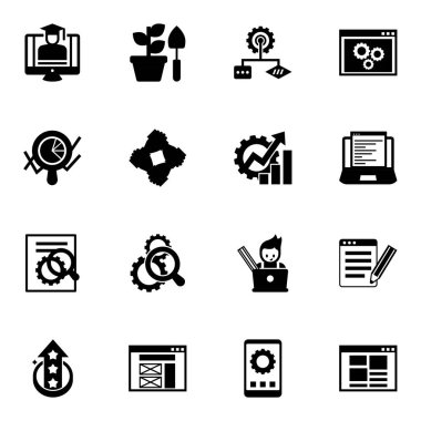 16 development filled icons set isolated on white background. Icons set with eCommerce Strategy, Gardening, Algorithm, Marketing analytics, start-up team, Productivity icons.