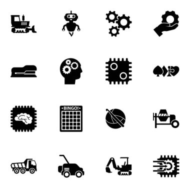 16 machine filled icons set isolated on white background. Icons set with bulldozer, AI Robot, cogwheel, Stapler, Cognitive Science, AI Decision, Artificial Intelligence icons.