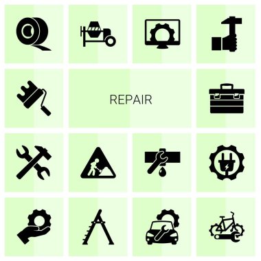 14 repair filled icons set isolated on white background. Icons set with paint roller, tools, construction works, toolbox, Scotch tape, concrete mixer, Computer repair, Handicraft icons.