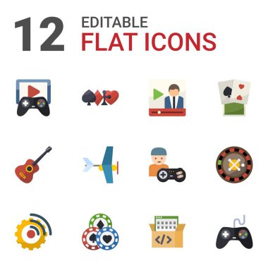 12 play flat icons set isolated on white background. Icons set with Game streaming, gambling, Video streaming, Guitar playing, Aeromodeling, poker, Streaming software, Casino icons.