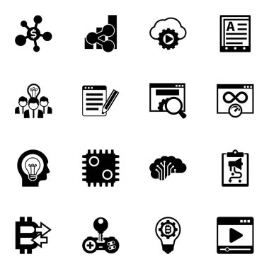 16 network filled icons set isolated on white background. Icons set with Business networking, social media trends, Streaming service, Collaborative idea, SEO copywriting icons.
