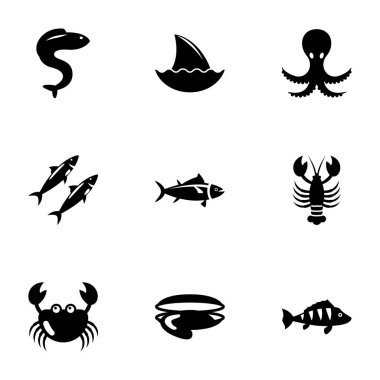9 marine filled icons set isolated on white background. Icons set with eel, shark fin, octopus, sardine, tuna, lobster, crab, oyster, perch icons.