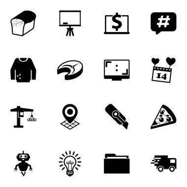 16 white filled icons set isolated on white background. Icons set with bread, Board stand, Computer-Based Training, jumper, fish steak, Aspect Ratio, tower crane, Geo Targeting icons.