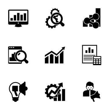 9 chart filled icons set isolated on white background. Icons set with SEO monitoring, Search optimization, social media trends, Web analytics, Profit, Balance Sheet, Creative campaign icons.