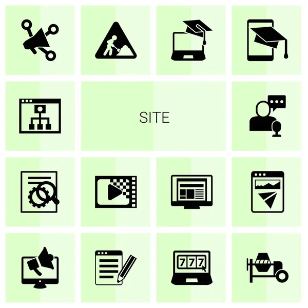 Conjunto de iconos llenos de 14 sitios aislados sobre fondo blanco. Iconos con aprendizaje móvil, optimización SEO, codificación, tienda en línea, marketing en redes sociales, iconos de obras de construcción . — Vector de stock