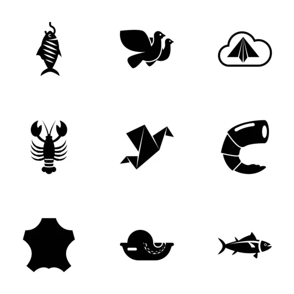 9 zvířat vyplněné ikony nastavit izolované na bílém pozadí. Ikony set s uzenými rybami, Holubice, Origami, humr, krevety, kůže, mořské plody, tuňák ikony. — Stockový vektor