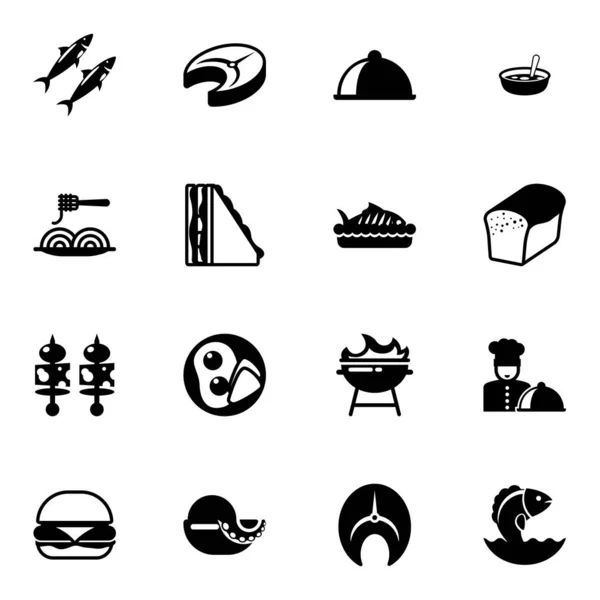 16 иконок, заполненных едой, выделены на белом фоне. Иконы с сардином, рыбным стейком, основным блюдом, макаронами, сэндвичами, запеченной рыбой, стартерами, завтраком, супом, хлебом, бургерами . — стоковый вектор