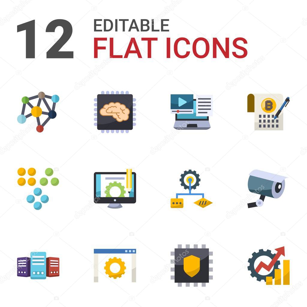 12 system flat icons set isolated on white background. Icons set with Neural network, Artificial Intelligence, Systems Integration, Clustering, Content management, Smart Contract icons.