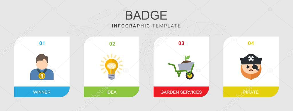 4 badge flat icons set isolated on infographic template. Icons set with winner, Idea, Garden services, pirate icons.