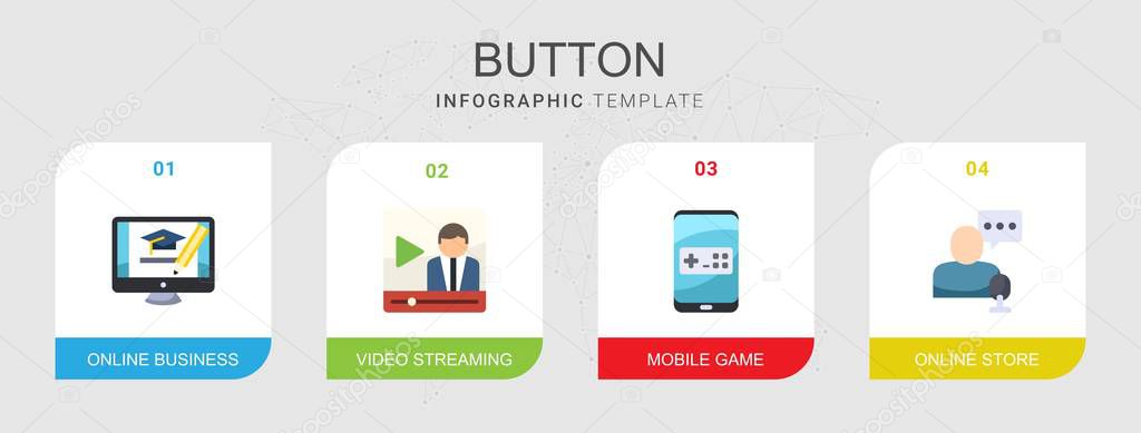 4 button flat icons set isolated on infographic template. Icons set with online business, Video streaming, Mobile game, online store icons.