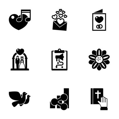 9 love filled icons set isolated on white background. Icons set with music, love message, Invitation, wedding ceremony, social media strategy, Floral design, Dove, social media trends icons.