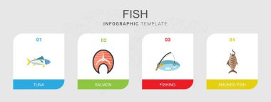4 fish flat icons set isolated on infographic template. Icons set with tuna, salmon, Fishing, smoked fish icons.