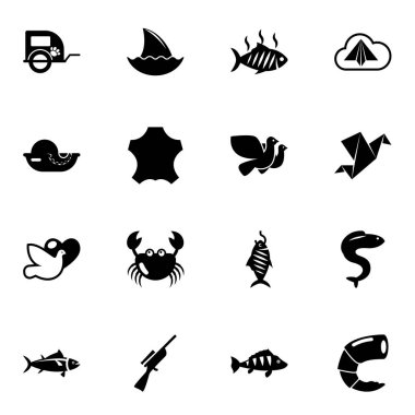 16 animal filled icons set isolated on white background. Icons set with pet trailer, shark fin, grilled fish, seafood, leather, Dove, dove, crab, Origami, tuna, Hunting icons.