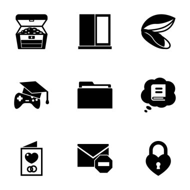 9 open filled icons set isolated on white background. Icons set with treasure, window, mussel, Open Source, Folder, Knowledge, Invitation, Spam, heart lock icons.