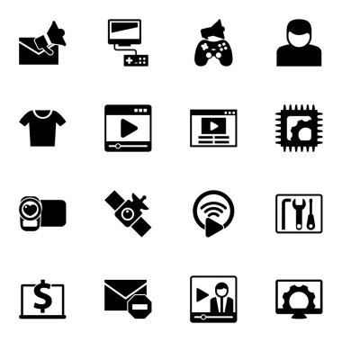 16 button filled icons set isolated on white background. Icons set with Email marketing, Video games, In-game Advertising, t-shirt, media player, Video blog, video shooting icons.