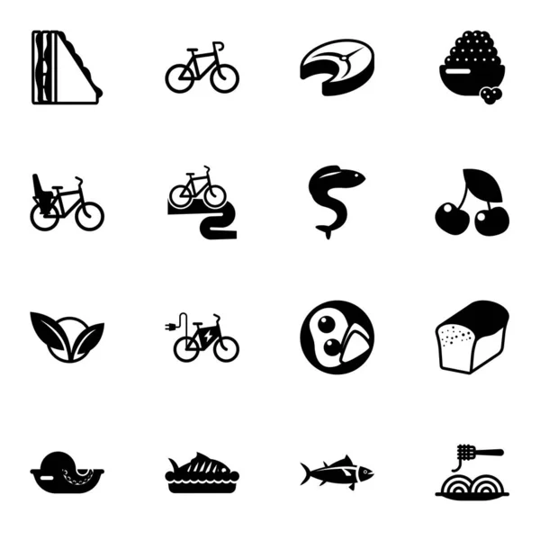 16 здоровых заполненных иконок, выделенных на белом фоне. Иконы с бутербродом, рыбным стейком, детским креслом, туром, угрем, черной икрой, вишней . — стоковый вектор